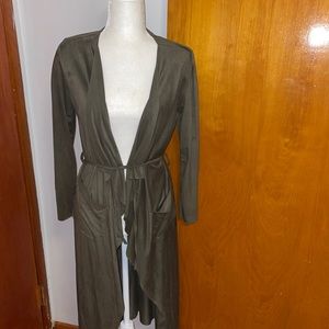 Suede olive green duster/cardigan/trench. Size medium